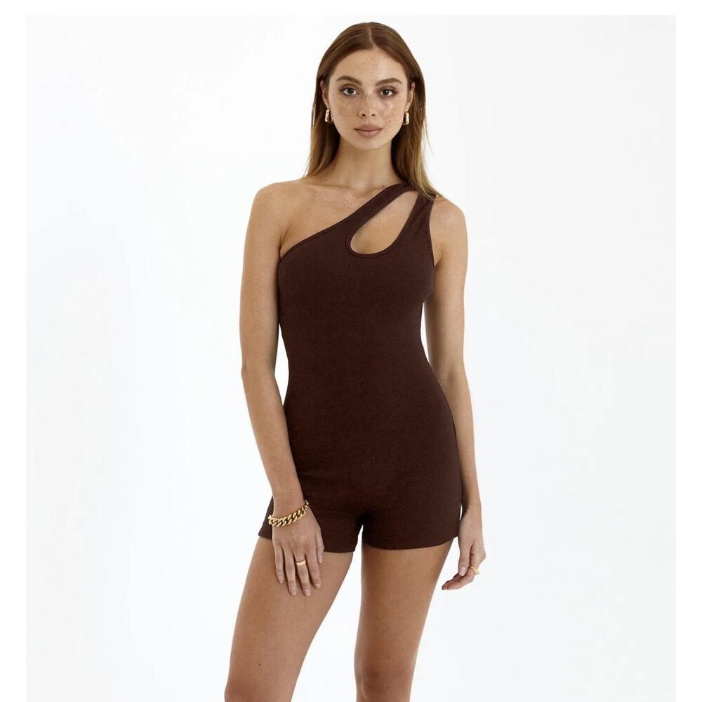 SNDYS Layana Brown One Shoulder Ribbed Cutout Sleeveless Romper Shorts Size XS